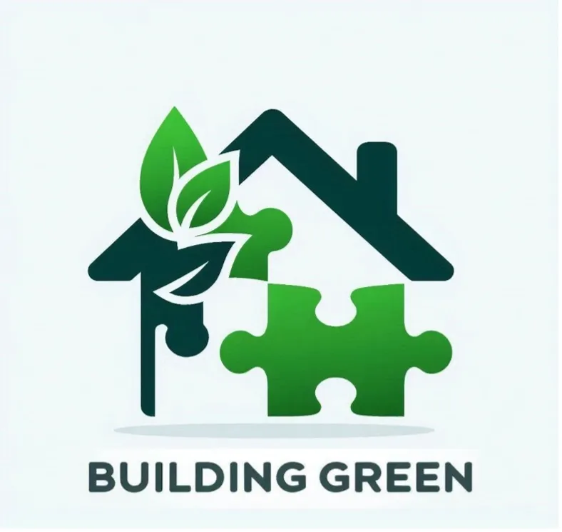 Logo Building Green met huis, bladeren en puzzelstuk