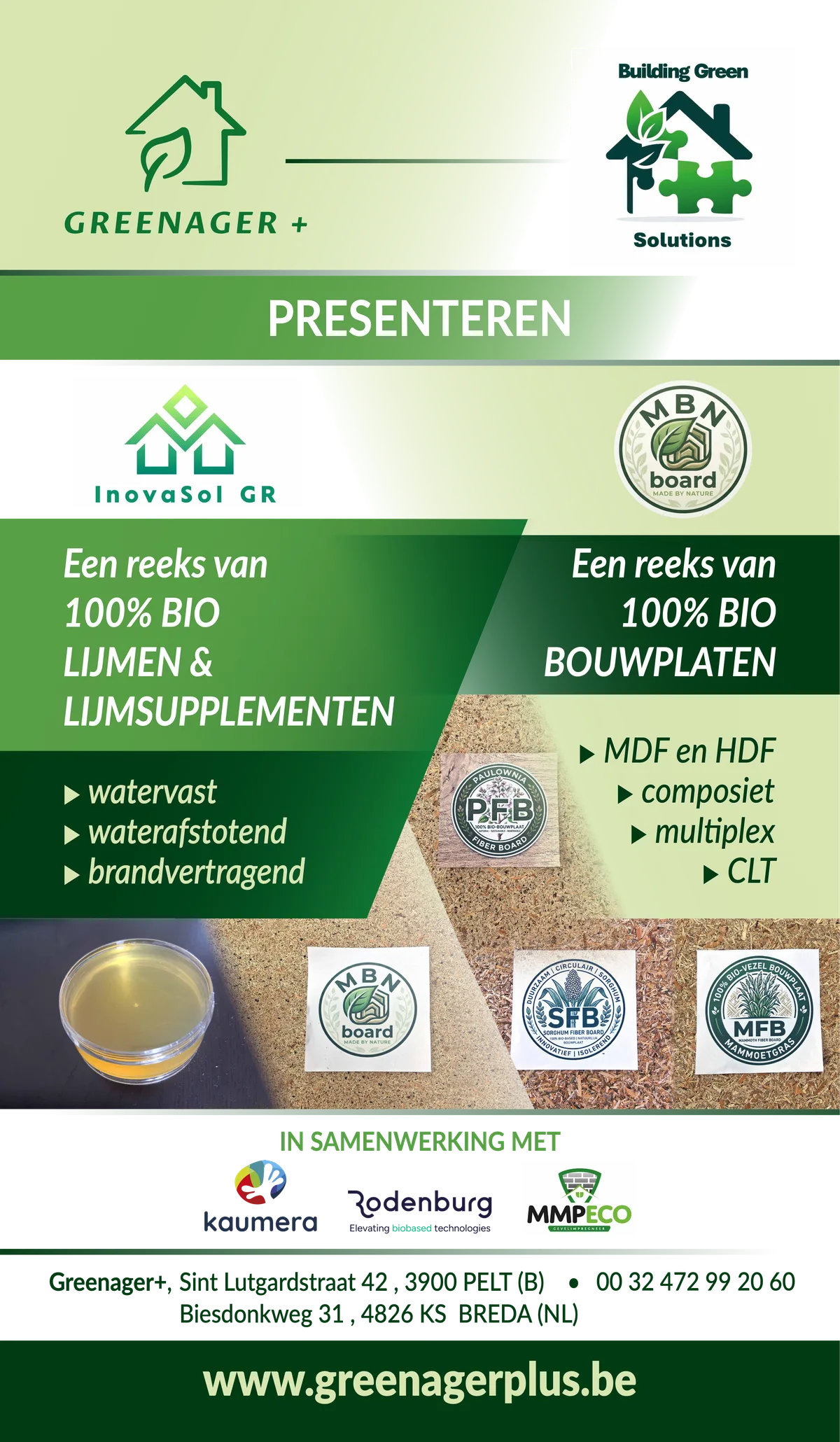 Roll-up van Greenager+ en Building Green Solutions met InovaSol GR bio lijmen en MBN-board 100% bio bouwplaten